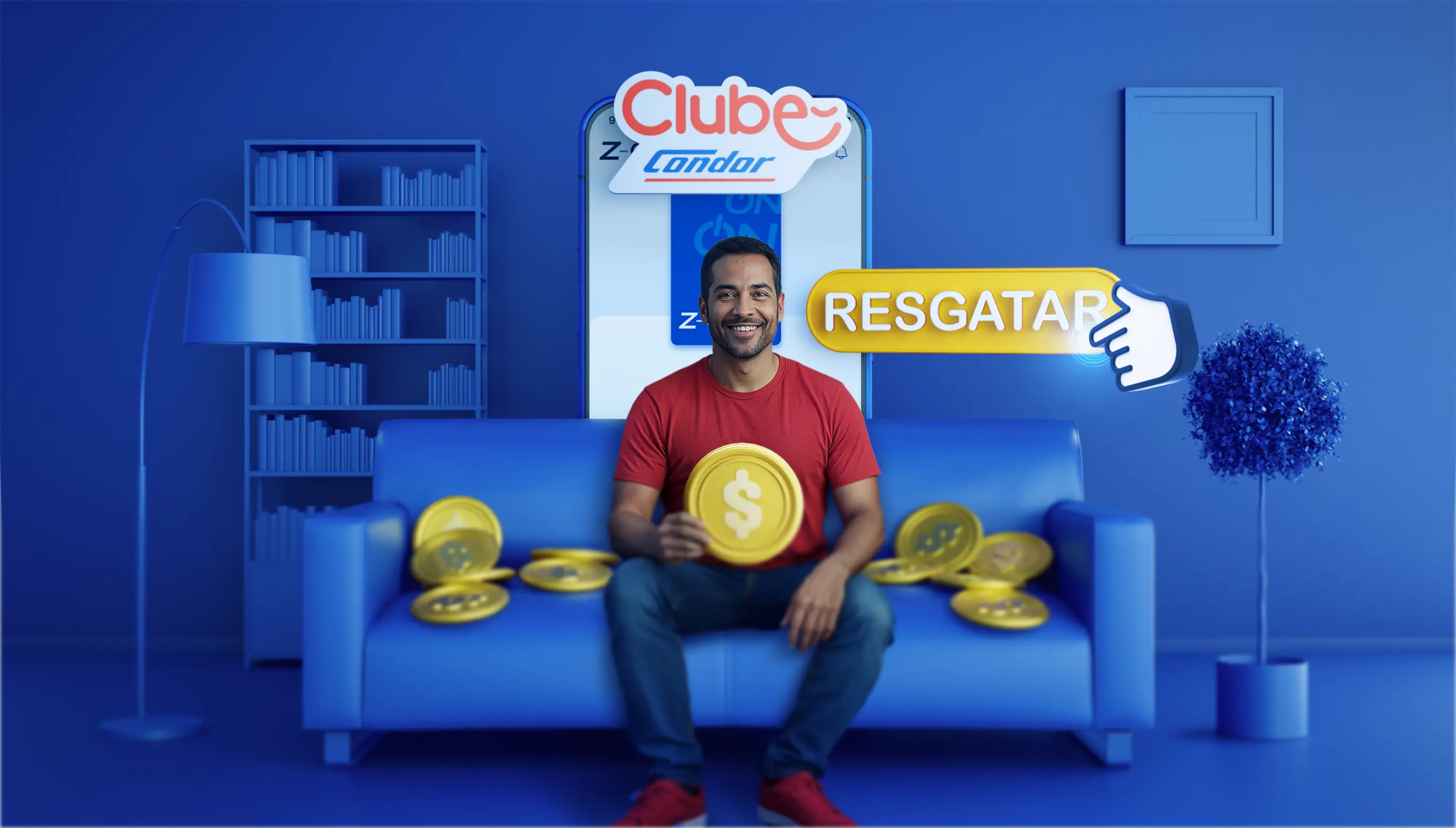 Homem sorridente sentado em sofá azul segurando moeda dourada com o logo “Clube Condor” e botão “Resgatar”.