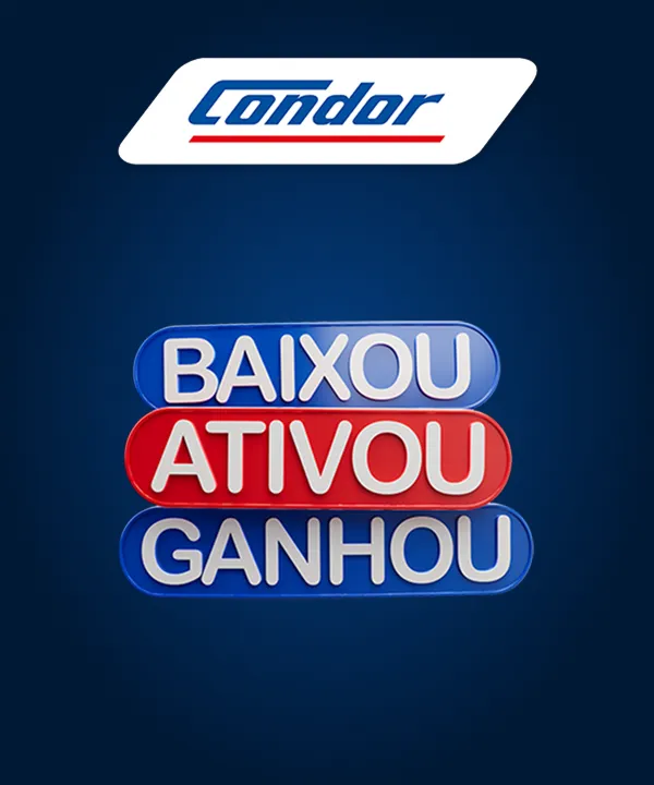 Logo Condor com texto em destaque: “Baixou, Ativou, Ganhou” em azul e vermelho.