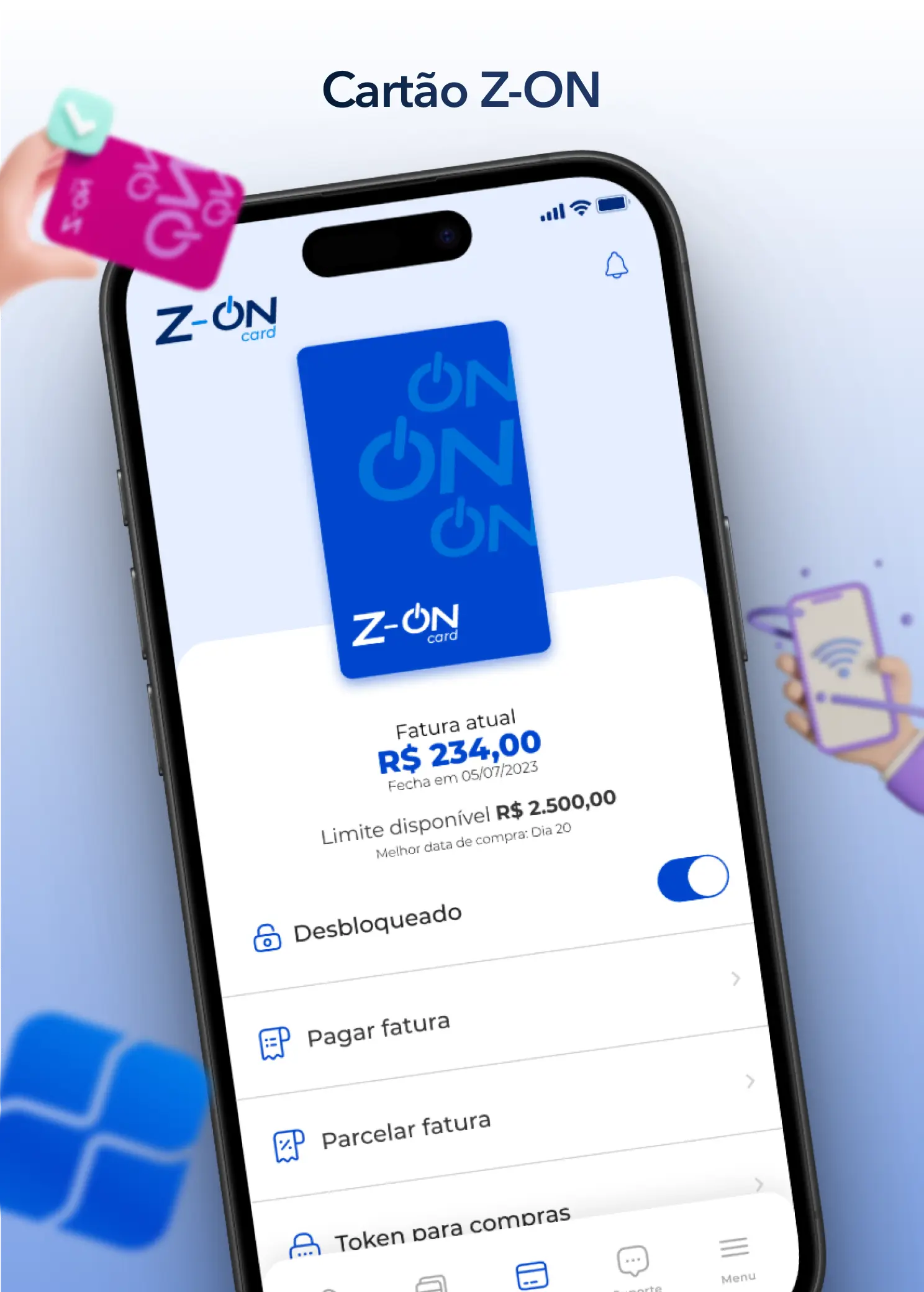 Tela do app mostrando cartão Z-ON com limite disponível e opções de fatura.
