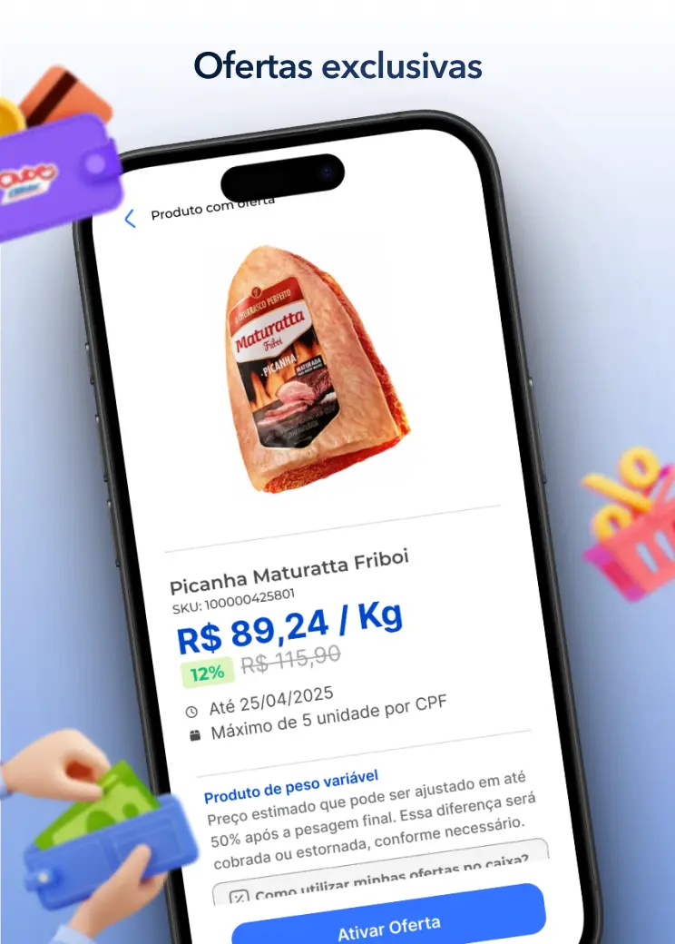 Tela de celular mostrando oferta exclusiva de picanha Maturatta Friboi com desconto.