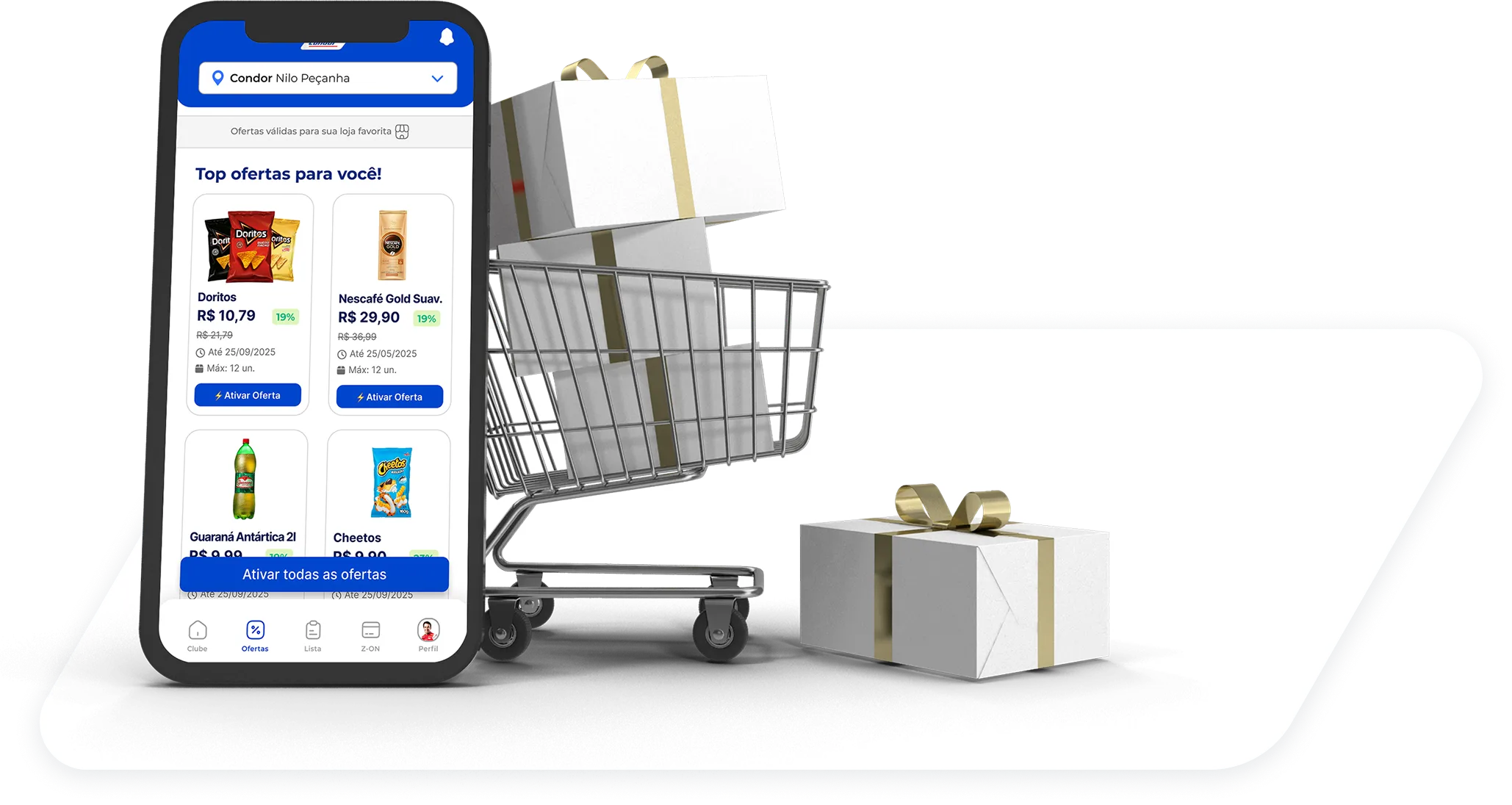 Celular exibindo ofertas de mercado ao lado de um carrinho de compras com caixas de presente embrulhadas em branco e dourado.