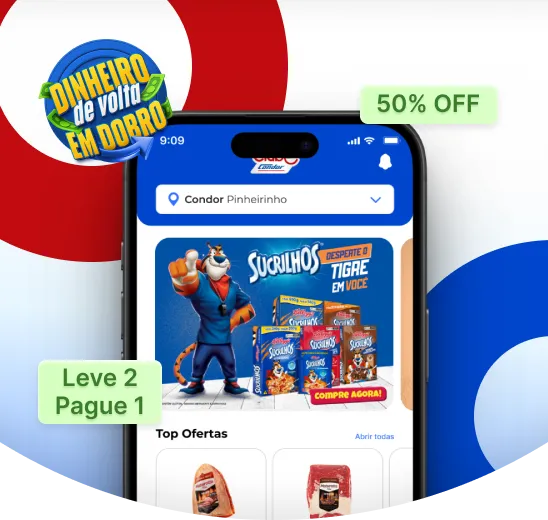 Tela do app Clube Condor com promoções como 50% OFF e Leve 2 Pague 1.