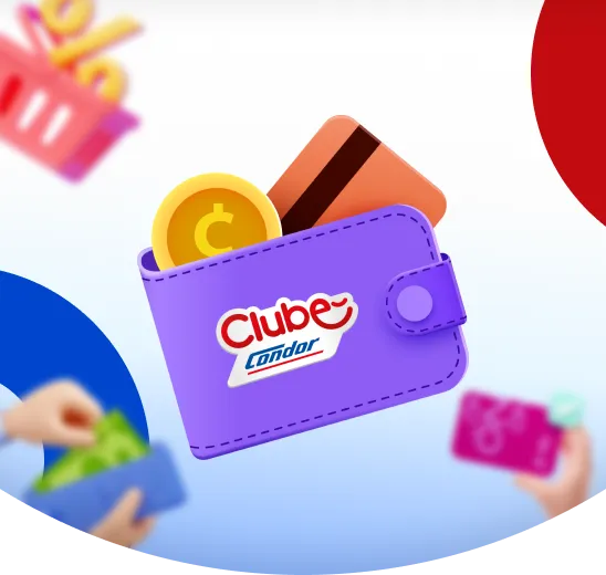 Carteira roxa com moedas e cartão exibindo logo do Clube Condor.